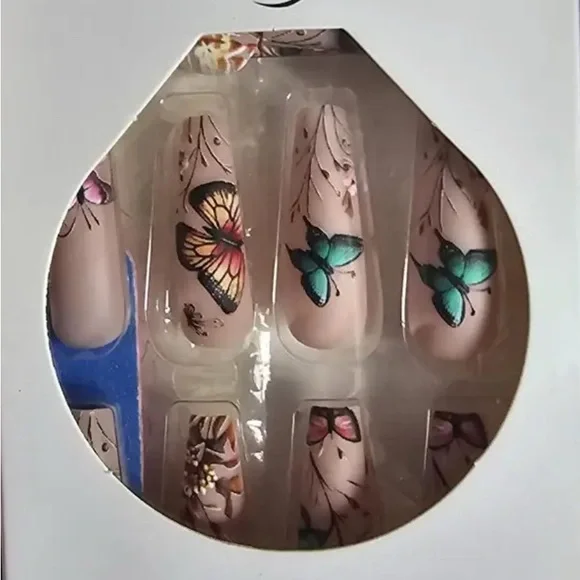 Butterfly Nail Art Floral Design coffin shape 24 pc Matte reusable Medium NWT - Picture 2 of 10